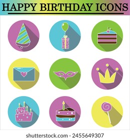 Set of birthday flat icons with shadow on the white background. Celebration icons. Isolated vector.