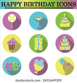 Set of birthday flat icons with shadow on the white background. Celebration icons. Isolated vector.