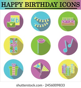 Conjunto de iconos planos de cumpleaños con sombra en el fondo blanco. Iconos de celebración. Vector aislado.