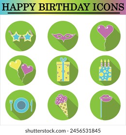 Set of birthday flat icons with shadow on the white background. Celebration icons. Isolated vector.
