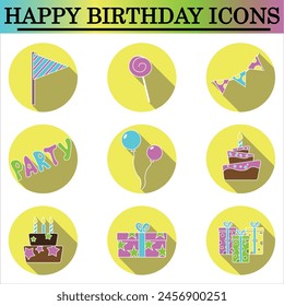 Conjunto de iconos planos de cumpleaños con sombra en el fondo blanco. Iconos de celebración. Vector aislado.