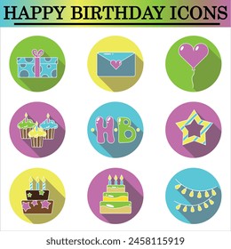 Set of birthday flat icons with shadow on the white background. Celebration icons. Isolated vector.