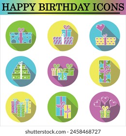 Set of birthday flat icons with shadow on the white background. Celebration icons. Isolated vector. Gift icons.