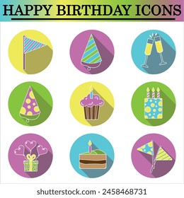 Set of birthday flat icons with shadow on the white background. Celebration icons. Isolated vector.