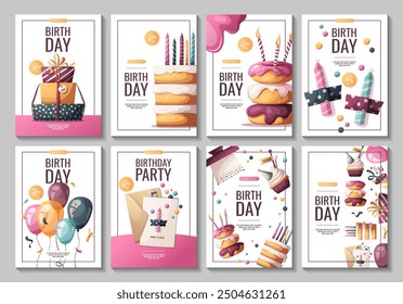 Set of Birthday flyers with cakes, gifts, balloons, party hat, donuts, cupcake. Birthday party, celebration, congratulations, invitation concept. Vector illustration. 