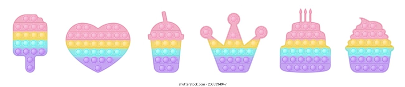 Set of birthday forms pop it a fashionable pastel rainbow fidget toys. Addictive anti stress toy in pastel colors. Bubble sensory trendy popit for kids. Vector illustration isolated on a white