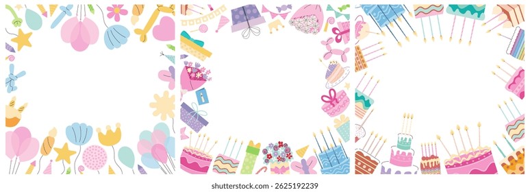 Set of Birthday frames for invitations. Birthday greeting cards templates vector set with cakes, gift boxes and balloons