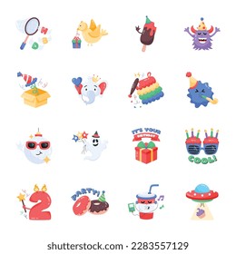 Set of Birthday Fun Flat Stickers 