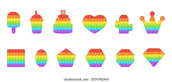 Set of birthday and geometric forms pop it a trendy rainbow fidget toys. Addictive anti stress toy in bright colors. Bubble sensory fashionable popit for kids. Vector illustration isolated on a white.