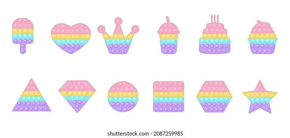 Set of birthday and geometric forms pop it a trendy pastel rainbow fidget toys. Addictive anti stress toy in pastel colors. Bubble sensory fashionable popit for kids. Vector illustration isolated.