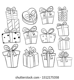 Set of Birthday Gift Box Collection With Hand Drawn or Doodle Style on White Background