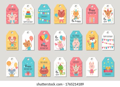 Set of birthday gift tag with hand drawn baby animals. Vector collection of cartoon labels in red, yellow and blue colors.