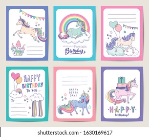 Set of birthday gift tags/ cards with cute unicorns, rainbow and magical elements	