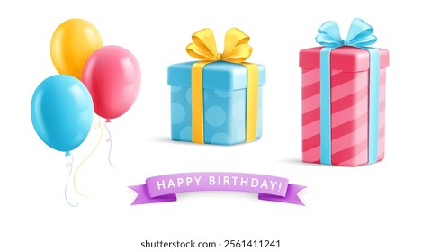 Set of Birthday gifts and colorful balloons for holiday. Packed presents in the boxes with bows ribbon. Isolated object cutout. Realistic 3d. Vector illustration.