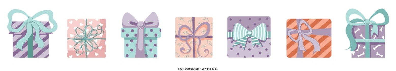 Set of Birthday gifts, New Year presents, Christmas gift boxes with ribbons, vector illustration in flat style. Gift box icons
