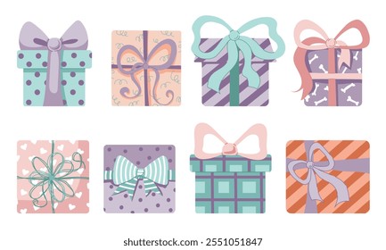 Set of Birthday gifts, New Year presents, Christmas gift boxes with ribbons, vector illustration in flat style. Gift box icons