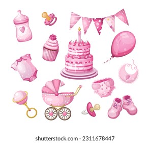 Set birthday girls items. Seth baby shower girl. Isolate on a white background baby girl care items. Vector illustration.