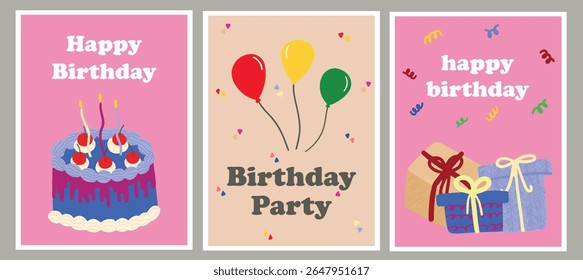 Set of birthday greeting card with cake, ballons, gift, and typography design. Printable birthday card.