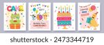 Set of Birthday greeting card with cute little frog, mouse, hedgehog, rabbit, duck, cake and colorful confetti.