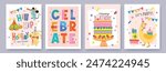 Set of Birthday greeting card with cute cartoon character animals, cake and colorful confetti.