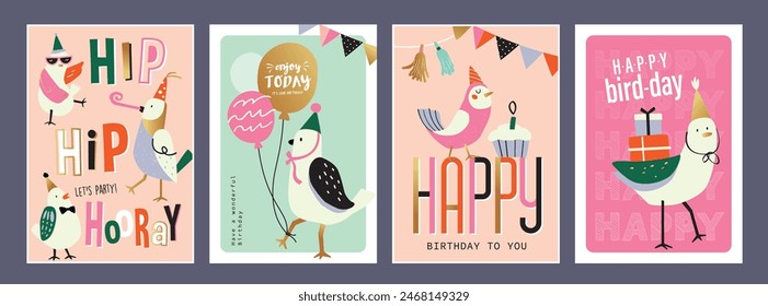 Set of Birthday greeting card with cute little birds and typography design.