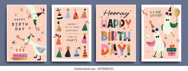 Set of Birthday greeting card with cute little ducks, party hats, cake, balloons and typography design.