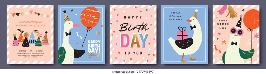 Set of Birthday greeting card with cute little ducks, party hats, balloons and typography design.