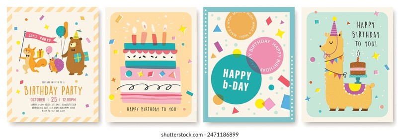 Set of Birthday greeting card with cute little llama, fox, hedgehog, bear, cakes and colorful confetti.