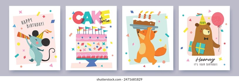 Set of Birthday greeting card with cute little mouse, fox, bear, cakes and colorful confetti.