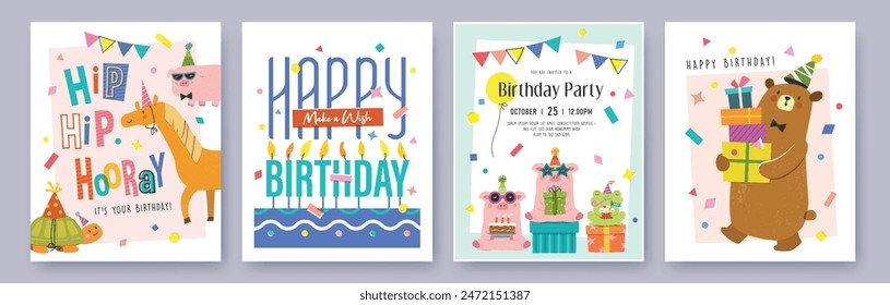 Set of Birthday greeting card with cute cartoon character animals, presents and colorful confetti.