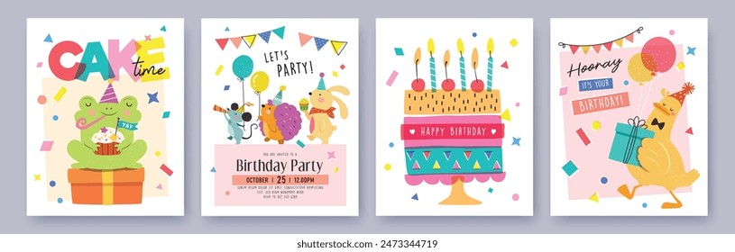 Set of Birthday greeting card with cute little frog, mouse, hedgehog, rabbit, duck, cake and colorful confetti.