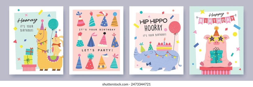 Set of Birthday greeting card with cute little pig, hippo, llama, rabbit, party hats and colorful confetti.