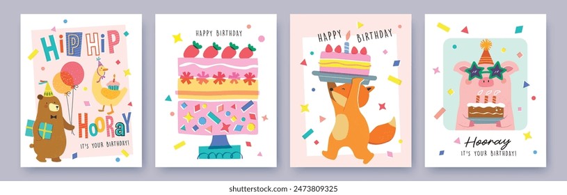 Set of Birthday greeting card with cute little pig, fox, bear, duck, cakes and colorful confetti.