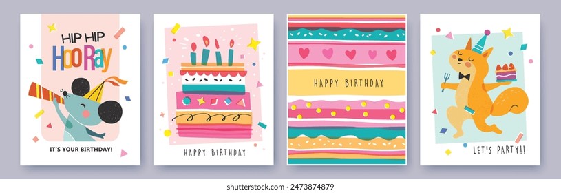 Set of Birthday greeting card with cute little mouse, fox, cakes and colorful confetti.