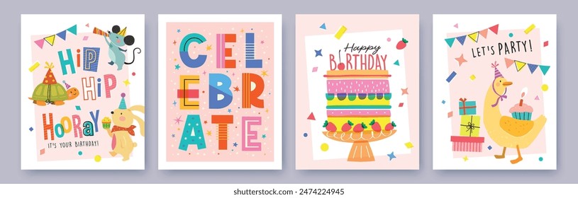 Set of Birthday greeting card with cute cartoon character animals, cake and colorful confetti.