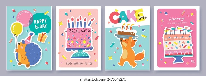 Set of Birthday greeting card with cute little hedgehog, fox, cakes and colorful confetti.