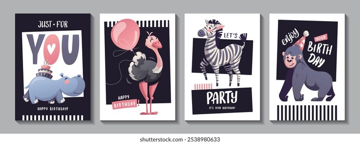 Conjunto de tarjeta de felicitación de cumpleaños con lindos animales de la selva. Hipopótamo, cebra, avestruz, mono gorila, pastel, globo. Ilustración vectorial.