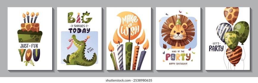 Set of Birthday greeting card with cute jungle animals and elements. Crocodile, lion, cake, candles, balloons. Vector illustration.