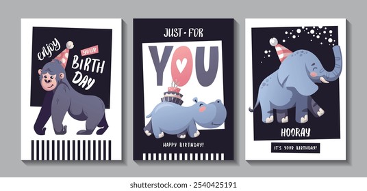 Conjunto de tarjeta de felicitación de cumpleaños con lindos animales de la selva. Hipopótamo, elefante, mono gorila, pastel, sombrero de fiesta. Ilustración vectorial.