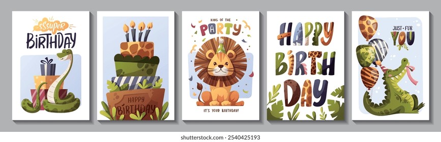 Conjunto de tarjeta de felicitación de cumpleaños con lindos animales de la selva y Elementos. Cocodrilo, león, serpiente, pastel, globos. Ilustración vectorial.