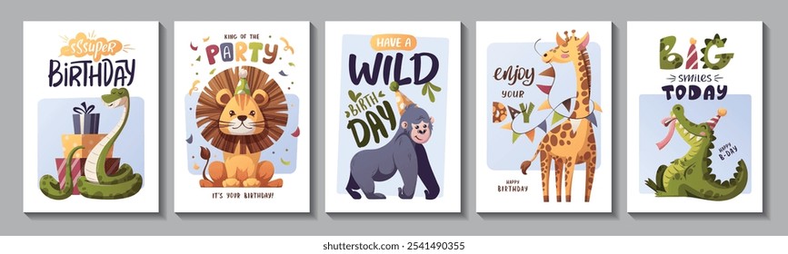 Conjunto de tarjeta de felicitación de cumpleaños con lindos animales de la selva. Cocodrilo, león, serpiente, jirafa, mono gorila, regalos. Ilustración vectorial.