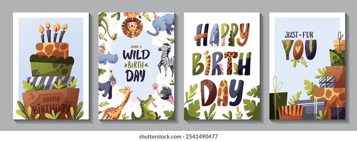 Conjunto de cartão de cumprimentos de aniversário com bonitos animais da selva. Girafa, macaco gorila, hipopótamo, avestruz, elefante, leão, crocodilo, zebra, cobra, bolo, presentes. Ilustração vetorial.