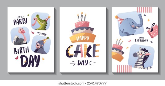 Conjunto de tarjeta de felicitación de cumpleaños con lindos animales de la selva. Cocodrilo, mono gorila, cebra, avestruz, elefante, pastel. Ilustración vectorial.