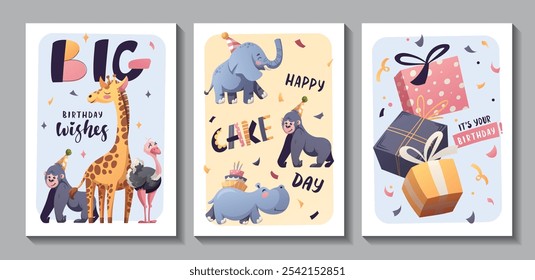 Conjunto de tarjeta de felicitación de cumpleaños con lindos animales de la selva. Jirafa, mono gorila, hipopótamo, avestruz, elefante, pastel, globos. Ilustración vectorial.