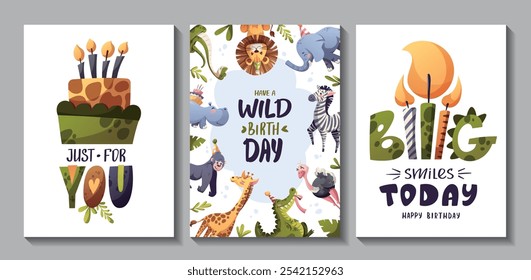 Conjunto de cartão de cumprimentos de aniversário com bonitos animais da selva. Girafa, macaco gorila, hipopótamo, avestruz, elefante, leão, crocodilo, zebra, cobra, bolo, velas. Ilustração vetorial.