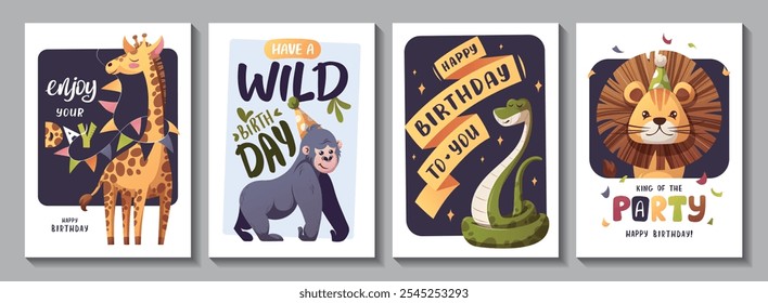 Conjunto de cartão de cumprimentos de aniversário com bonitos animais da selva. Leão, cobra, girafa, macaco-gorila. Ilustração vetorial.