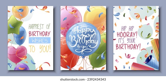 Set birthday greeting card design. Banner, flyer template with colorful balloons, confetti and serpentine. Happy birthday! Invitation design for holiday, anniversary, party