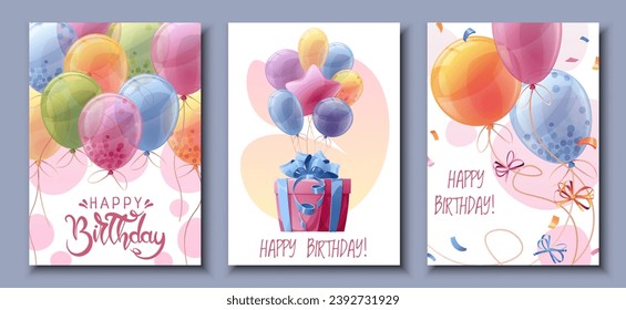 Set birthday greeting card design. Banner, flyer template with colorful balloons, gift, confetti and serpentine. Happy birthday! Invitation design for holiday, anniversary, party