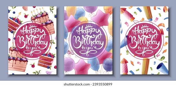 Set of birthday greeting card design. Banner, flyer with cake, balloons, fireworks and serpentine. Happy birthday! Invitation design for holiday, anniversary, party.