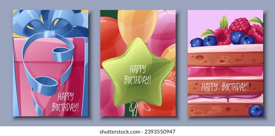 Set birthday greeting card design. Banner, flyer template with cake, balloons, gift box with bow. Happy birthday! Invitation design for holiday, anniversary, party